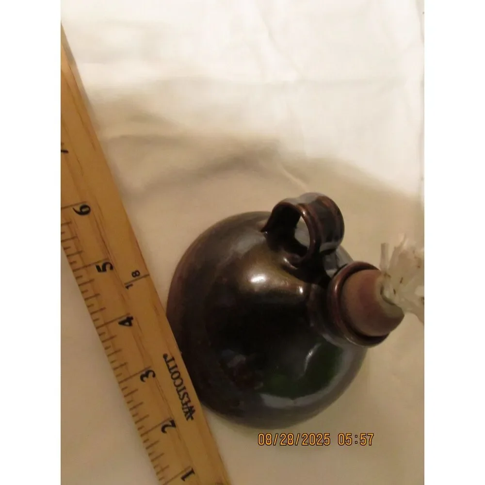 Pottery oil lamp with wick handmade signed by artist brown fall color
